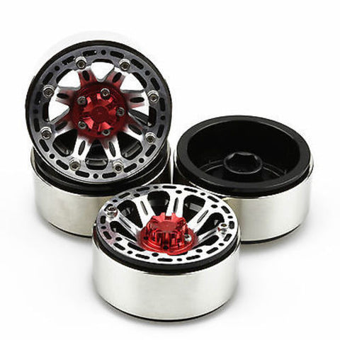 4PCS Red&Silver 1.9" Alloy Beadlock Wheel Rim Set for 1/10 RC Crawler SCX10 CC01